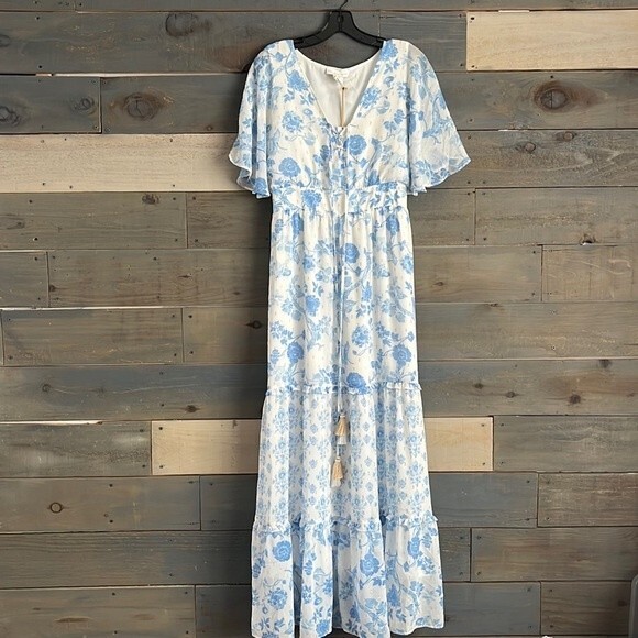 NWT House of Harlow 1960 Blue Floral Chiffon Flowy Maxi Dress - Picture 1 of 10